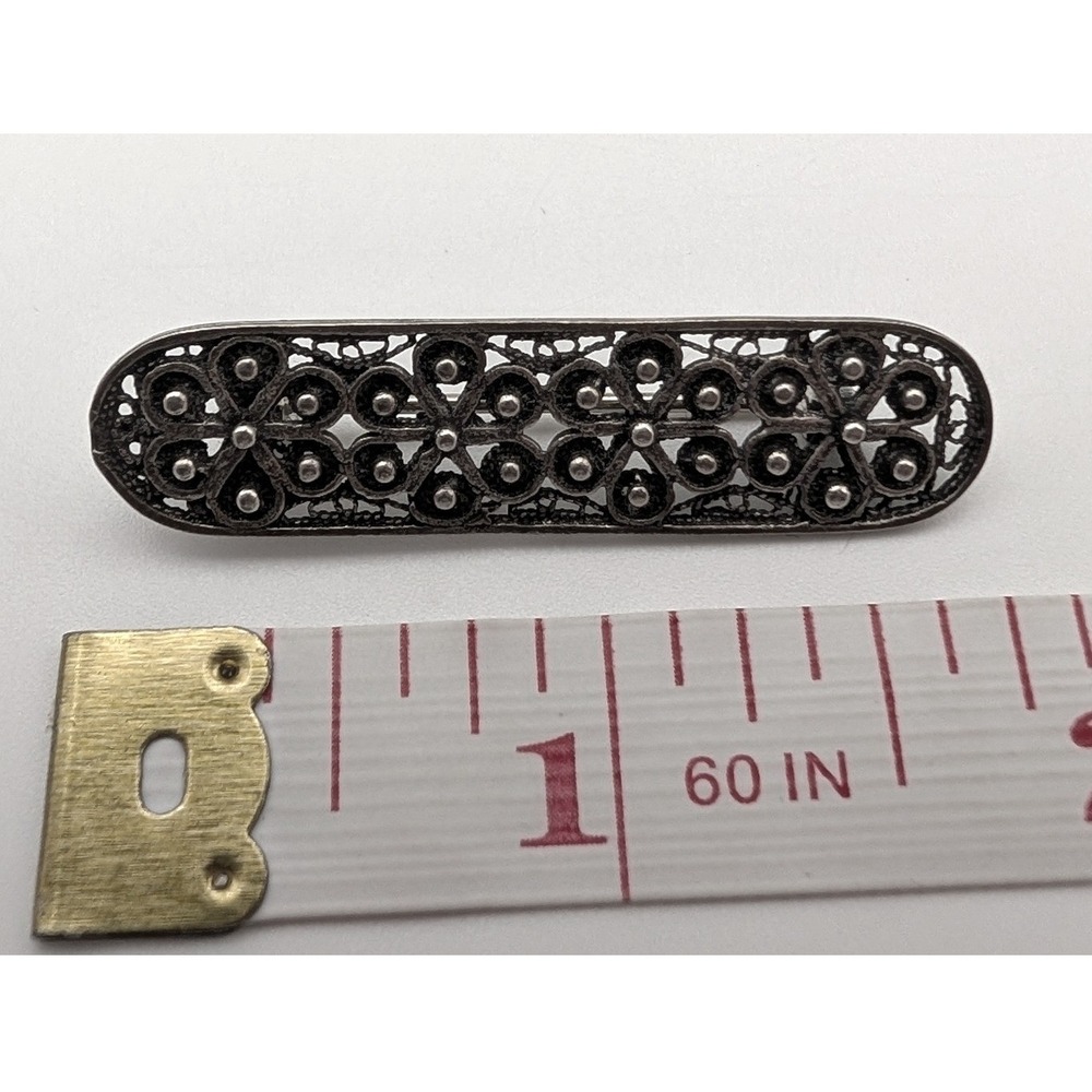 Vintage Sterling Silver 925 Filigree Bar Brooch Floral Lace Pin 1.5 Inch